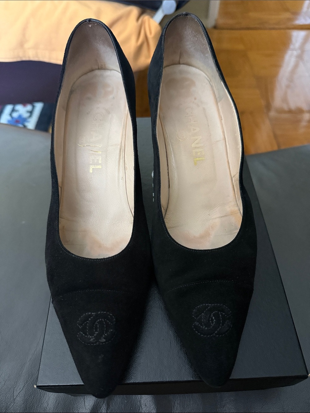 CHANEL Black Suede Pointed Toe Pumps with CC Logo
Size 41